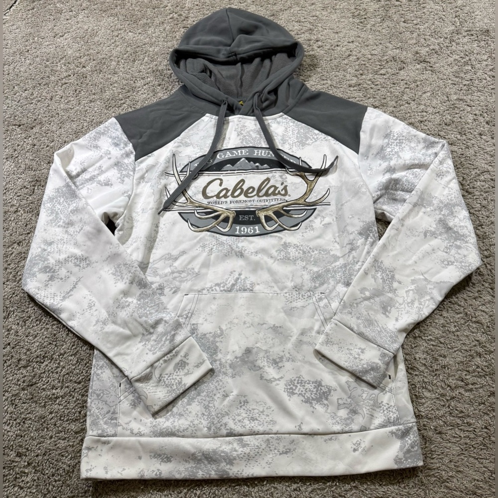 Cabela's‎ Big Game Hunter Hooded Sweatshirt Size Small White Gray Outdoors Camo